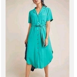 Anthropologie Maeve Aria Green Textured Midi Shirt Dress